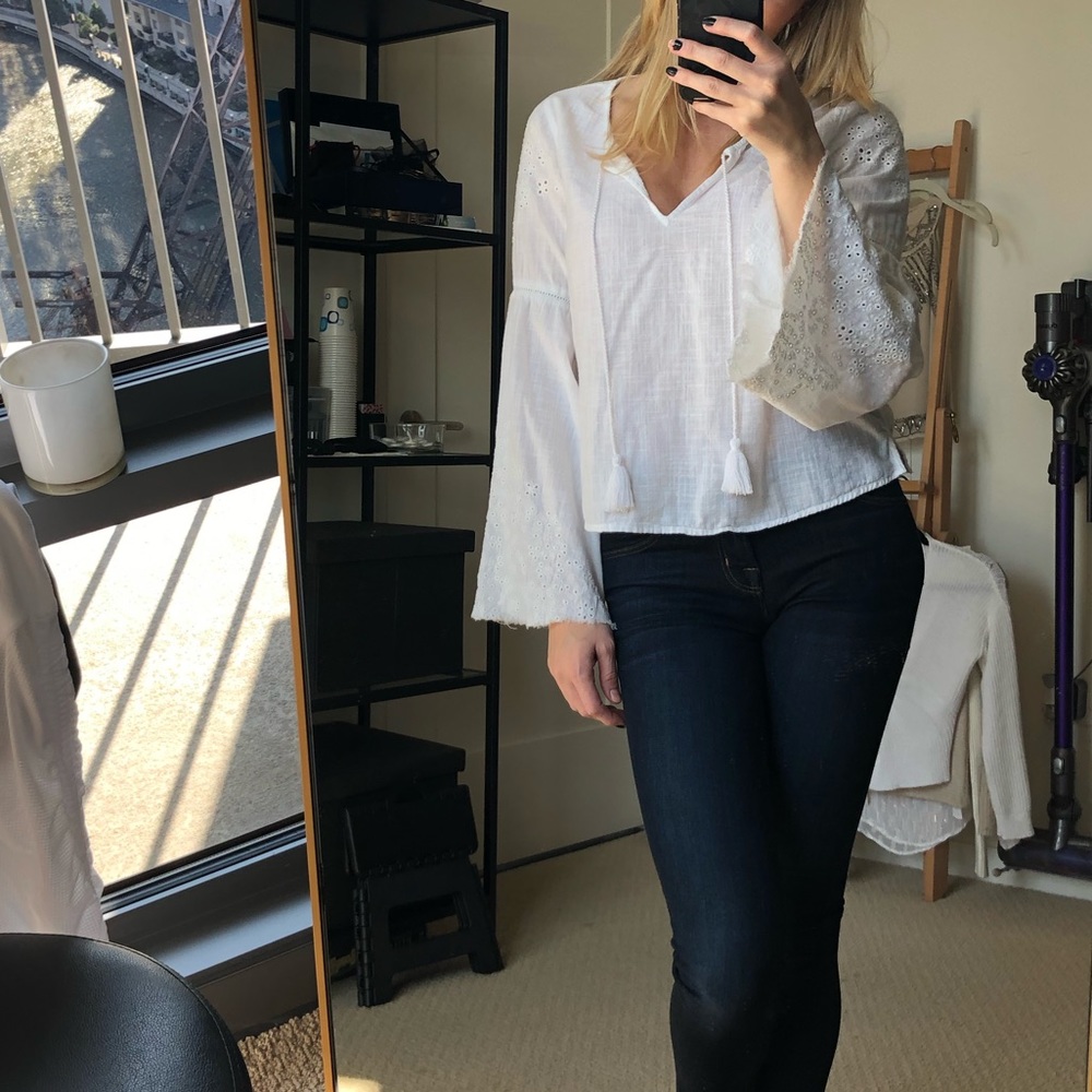 White Boho linen bell sleeve top